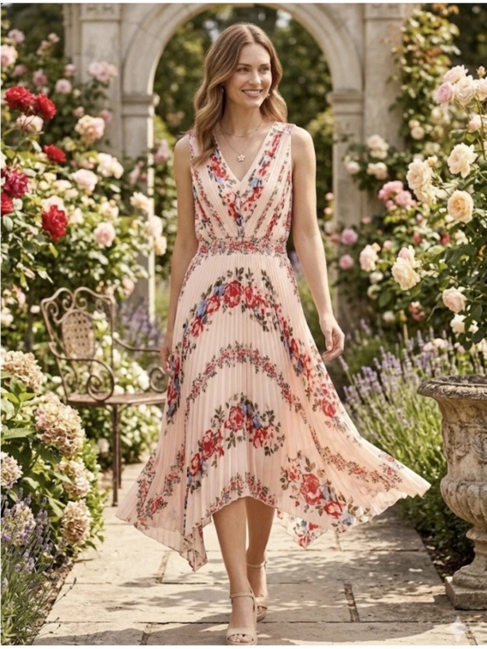 White House Black Market Blush Floral High-Low Pleated Midi Dress Size 8
